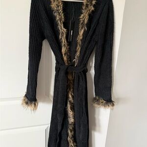 Fashion Nova Black Faux Fur wrap sweater.